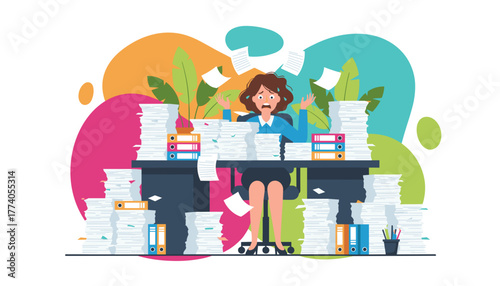 Overwhelmed office worker buried under piles of documents symbolizing stress burnout and bureaucracy