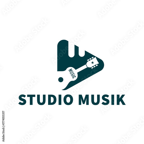 Music Record Studio Black And White Logo Template With Sound Recording Retro Elements Silhouettes