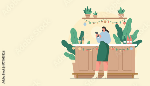 Woman using smartphone at a festive bar counter with drinks and plants Flat vector illustration