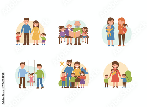 Illustration of a child adoption scene featuring multicultural foster families and couples adopting diverse children, with joyful parents embracing their adopted daughters and sons, presented as a