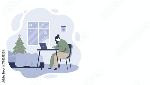 Remote worker typing on laptop in a cozy bedroom with Christmas tree during winter snowfall