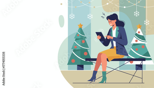 Frustrated businesswoman uses tablet near Christmas trees dealing with work stress during holidays
