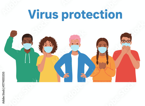 Concept of virus protection: a crowd of mask‑wearing people, epidemic prevention, coronavirus pandemic, humans battling viral disease, depicted in a colorful flat cartoon vector illustration