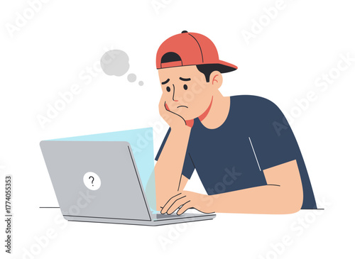 An introspective young boy sits at a laptop, studying intently against a white backdrop, depicted as a flat, colored cartoon vector illustration of a student preparing for exams