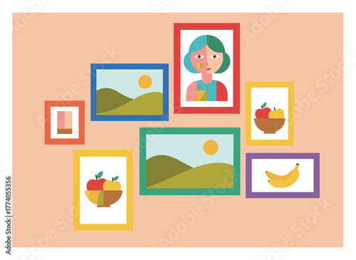 Wall displays framed pictures of family history and memories, alongside multiple medieval paintings, historic portraits, and landscapes in a gallery exhibition, evoking old nostalgic moments