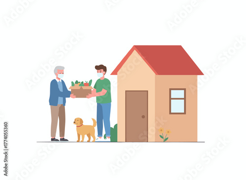 An elderly couple wearing masks receives a grocery bag from a delivery person, while a volunteer assists the senior family during the virus outbreak, providing shopping help in a flat cartoon vector