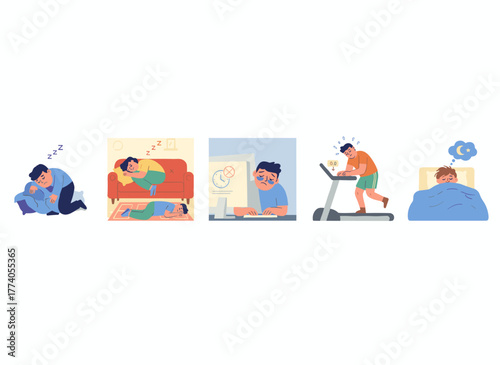 On a white background, the flat vector illustration depicts exhausted, fatigued people stuck in procrastination and emotional burnout, who are tired, frustrated, weak, and unhappy, doing nothing