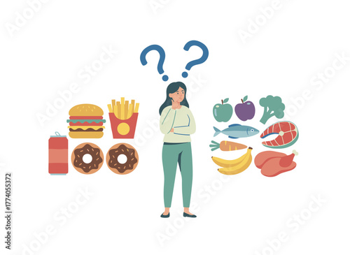 Illustration of a woman deciding between healthy and unhealthy foods, featuring a flat vector design of fast food versus a balanced menu, with a cartoon female character promoting dieting and healthy