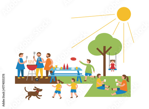 A cheerful family enjoys time in the backyard, with parents and children engaging in fun activities in the garden while gathering for a barbecue or picnic, all depicted in a flat cartoon vector