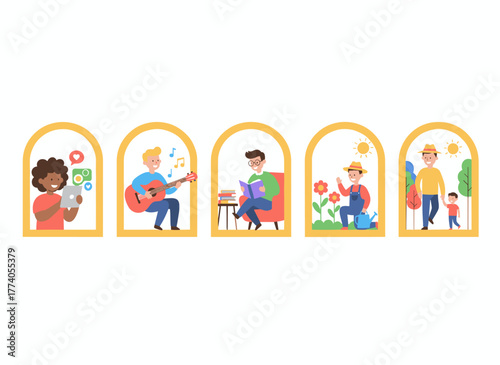 Illustration of a neighborhood concept featuring neighbors communicating and helping each other, with diverse residents in apartments and home windows, showcasing neighborhood activity and support