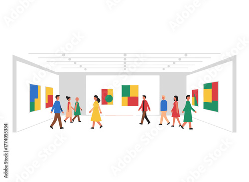 Visitors at a contemporary art gallery are viewing modern abstract paintings, while people appreciate creative artworks or exhibits in the museum, illustrated in a colorful flat cartoon vector style