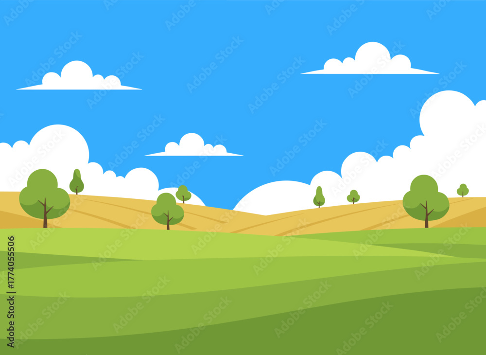 Obraz premium A flat vector illustration of a panoramic field, showcasing a beautiful countryside with a picturesque rural landscape and scenic view, featuring an oak tree on a glade, green hills beneath a cloudy