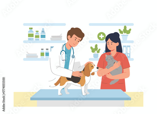 A cheerful vet inspects a dog and cat, treating adorable pets at a veterinary clinic—a healthcare facility for domestic animals—depicted in a flat, colorful cartoon vector illustration
