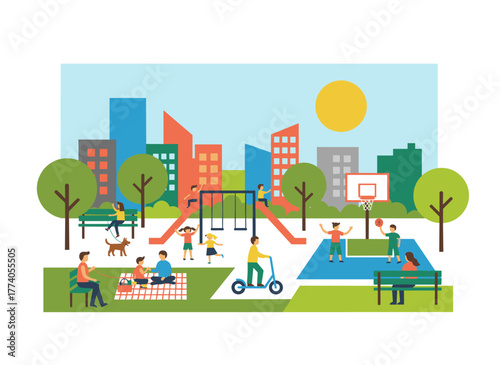 Kids at a contemporary kindergarten engage in outdoor activities, playing games, enjoying the playground, walking, and listening to the teacher, depicted in a flat, colorful cartoon vector