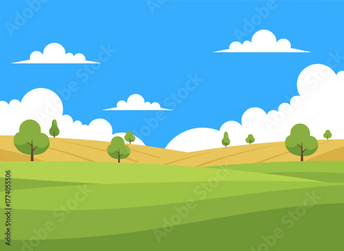 A flat vector illustration of a panoramic field, showcasing a beautiful countryside with a picturesque rural landscape and scenic view, featuring an oak tree on a glade, green hills beneath a cloudy