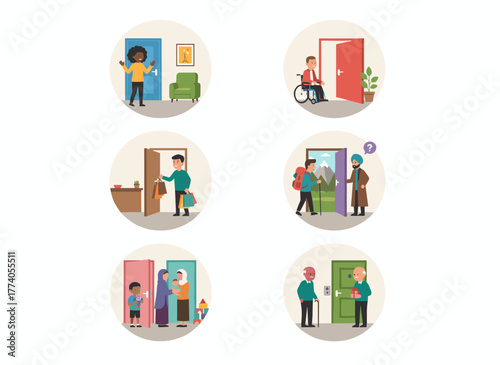 Illustration of people opening doors, entering and exiting homes, with men and women at doorways and entrances, depicting characters moving through house and office entries, presented as a flat