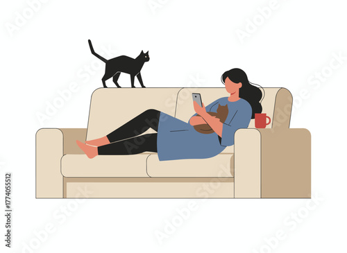 A young woman lounging on a sofa with her cats, scrolling on her smartphone, enjoying a lighthearted moment with her pets in a flat cartoon vector illustration