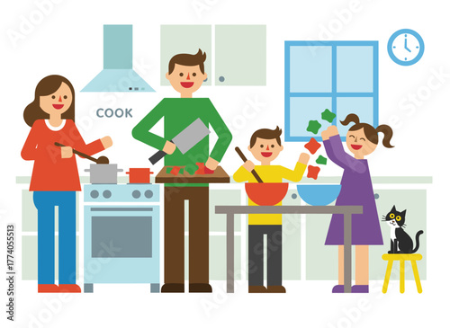 A joyful family cooks dinner together in a modern kitchen, illustrated in flat vector style, with parents and children preparing lunch on a white background, as mother, father, daughter, and son