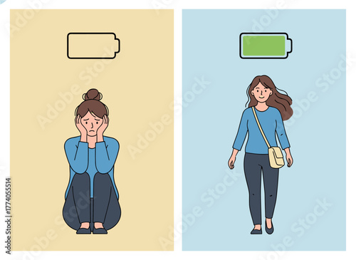 A flat, colorful vector illustration featuring a group of female office workers—both happy and unhappy—alongside a vital power or battery charge indicator, depicting energetic and exhausted girls