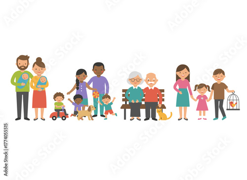 A flat vector illustration on a white background depicting happy, diverse families with traditional heterosexual parents and children of different ethnicities