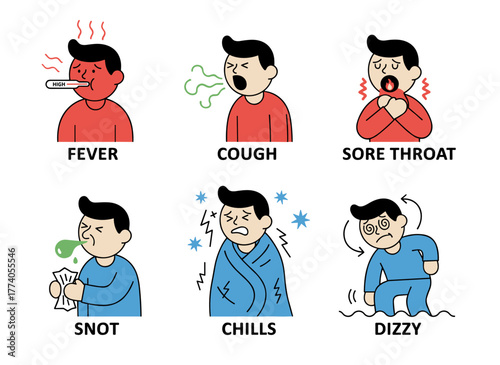 A flat vector illustration depicting male and female cartoon characters showing common cold symptoms—fever, cough, sore throat, runny nose, chills, dizziness—presenting a collection of sick men and