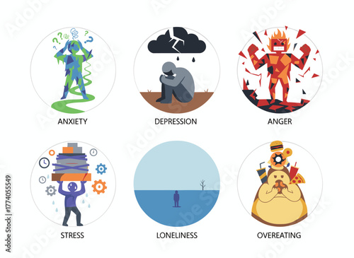 A set of flat cartoon figures depicting men and women with mental health conditions, displayed on a white background in a colorful vector style