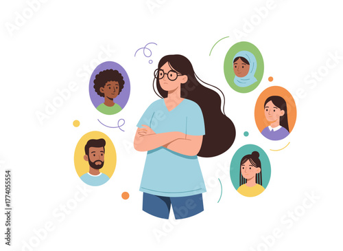 A thoughtful woman examines a variety of hairstyle options in a vector graphic illustration, while a girl selects a new haircut in an isolated online cyberspace, embodying the intersection of beauty