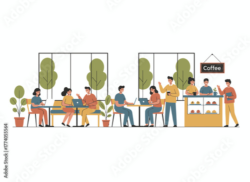 Illustration of young people chatting and working in a modern coffeehouse, featuring a man, woman, and group using laptops at a table, set in a coworking office with a cafeteria