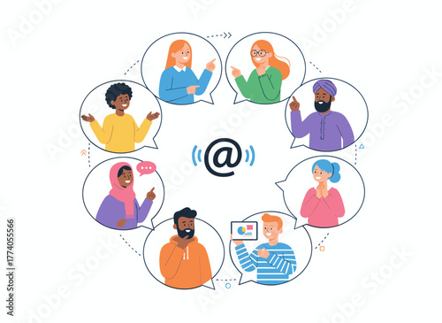 An online video conference call for business communication over the internet, depicting a virtual team working remotely, illustrated as a flat vector graphic on a white background