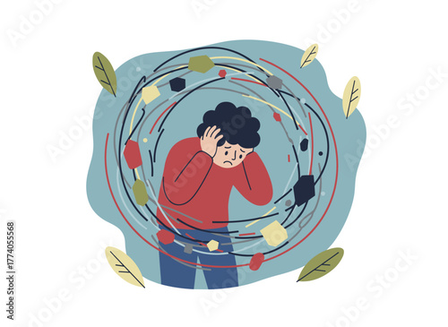 A frustrated woman suffering from a nervous disorder feels anxious and confused, illustrated in a flat vector style; her mind is chaotic, and a girl with anxiety touches her head amid swirling