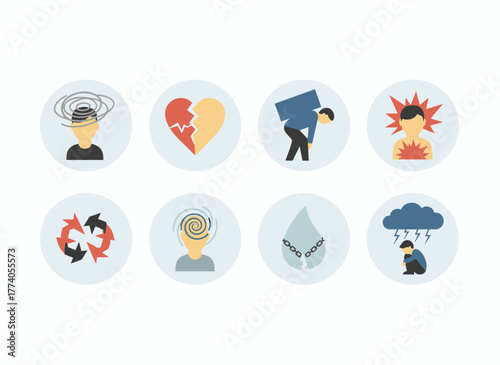 A flat cartoon vector illustration of a group of teens dealing with stressful situations and psychological problems such as depression, anxiety, school stress, parental separation, anger, and despair