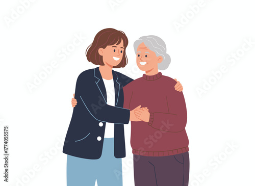 Vector flat illustration of a happy adult daughter hugging her old mother, both sharing love; a friendly, isolated family relationship shown with a smiling, trendy woman embracing an aged female