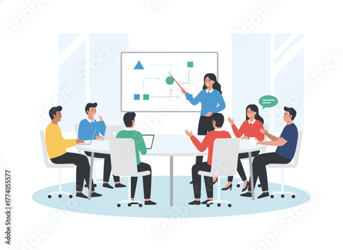 A corporate team convenes at a conference table for a brainstorming session, discussing work and collaboration, shown in a flat vector illustration on a white background