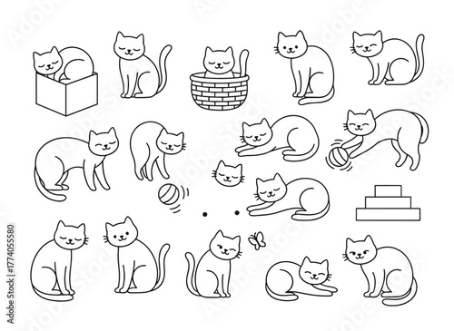 A collection of adorable, funny cats sitting, washing, stretching, and playing, depicted as a hand‑drawn monochrome vector illustration with contour lines on a white background, featuring a bundle of