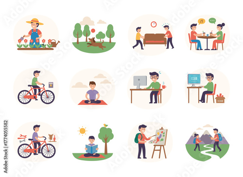 A colored flat cartoon vector illustration of volunteers aiding seniors, disabled people, the homeless, children, and animals, representing a charity and donation concept on a white background