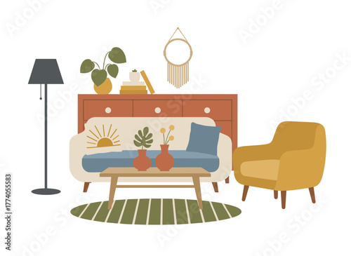 Flat vector illustration of a set of furniture and decor items, featuring a stylish chest of drawers, couch, houseplant, armchair, lamp, and table, creating a cozy interior collection