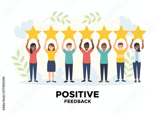 A flat vector illustration of user experience feedback shows people with isolated stars on a white background, while clients evaluate the product and service and consumers review the product, all