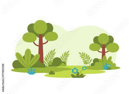 A green forest with summer trees and shrubs forms an eco-friendly banner design, featuring spring nature, a woods background with leaf plants and modern-style bushes, set against a woodland park