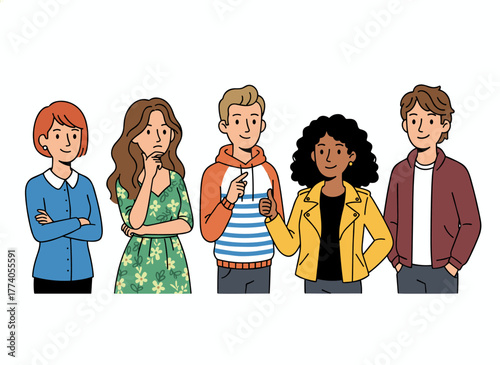 A flat vector illustration of men and women with arrogant expressions, portrayed as colorful, self‑centered, stylishly confident individuals set against a white background