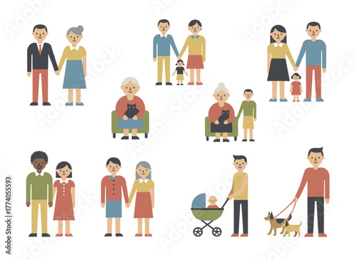 A flat cartoon vector illustration featuring a diverse array of romantic relationships and marriages—including polygyny, interracial, LGBTQ+, and elderly couples—set against a white background