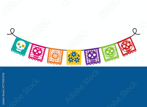 Background depicting Dia de los Muertos, the Mexican Day of the Dead, featuring a banner with Mexican motifs, papel picado, perforated lace adorned with skulls and bones, rendered as a colored flat