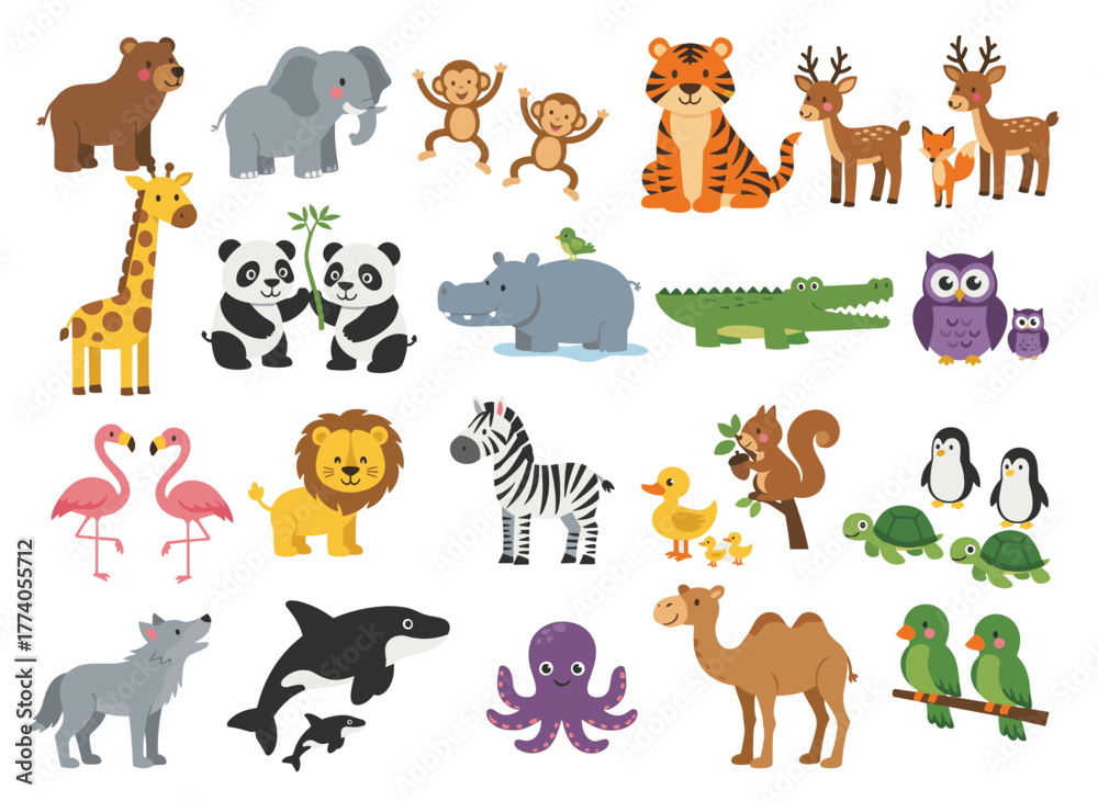 Fototapeta premium A flat illustration collection featuring cute animals and their babies, including raccoons, deer, foxes, giraffes, monkeys, koalas, bears, cows, rabbits, sloths, squirrels, hedgehogs, cats, dogs