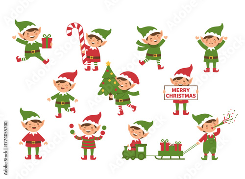 An assortment of Christmas elves on a white backdrop, a cluster of Santa's tiny helpers clutching festive gifts and ornaments, a set of charming cartoon figures, rendered in flat vector style