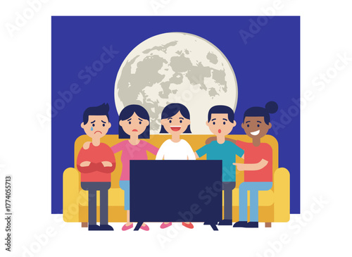 A group of friends sits on a sofa or couch in the dark, watching a scary film; young girls and boys with frightened expressions stare at the TV screen, rendered in a colorful vector illustration
