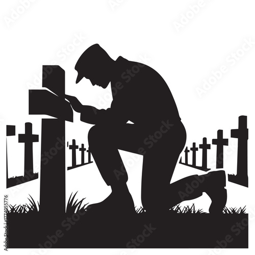 Silhouette of soldier kneeling at grave isolated on white background