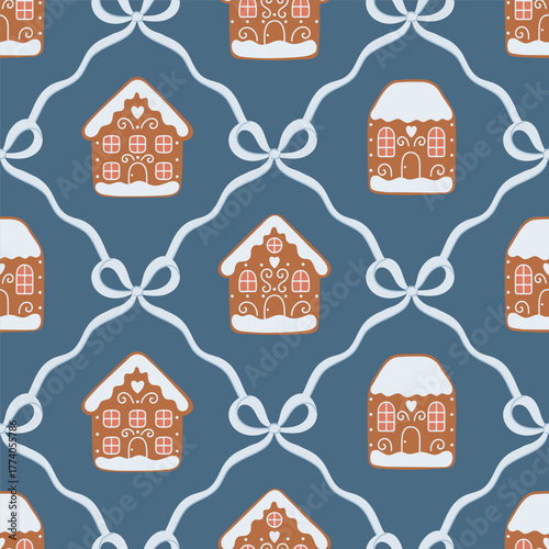 Cute Christmas seamless pattern with gingerbread cookie houses, white icing and blue ribbons.