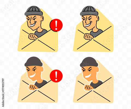 Letter, envelope, phishing, spam and scam, graphic design. Internet fraudster, criminal, deception and data theft, vector design and illustration
