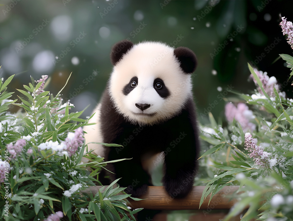 Obraz premium Panda in snowy forest surrounded by flowers and green bamboo leaves