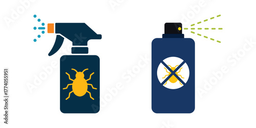 Flat vector illustration of insect repellent spray bottles with pest control icons, suitable for household pesticide product design
