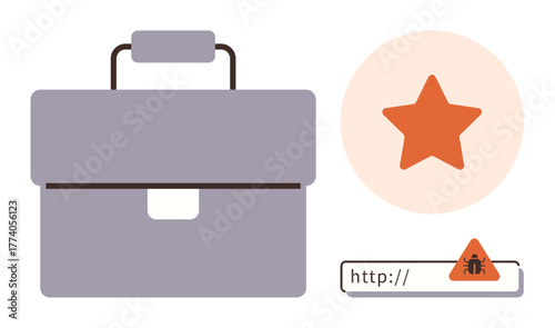 Briefcase alongside an orange star and a warning alert in a URL bar symbolizing professional goals, safety, and quality. Ideal for security, career, achievement, success, quality check, online